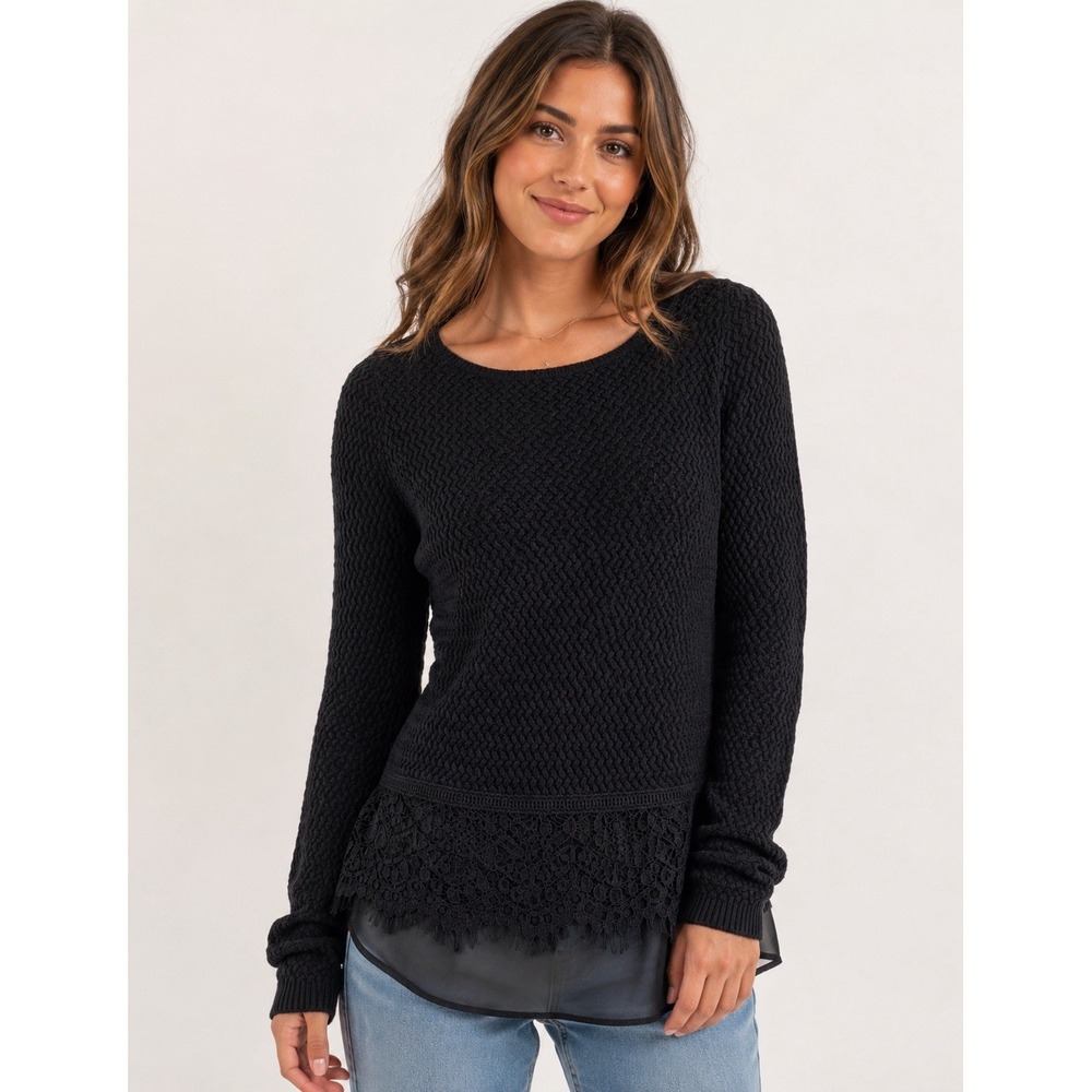 Lucky Brand Black Lace Sheer Trim Layered Hem Sweater Small Goth Fairy Boho Noir
